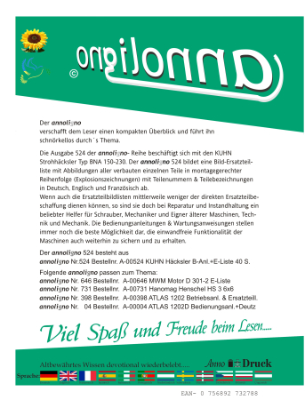 KUHN Häcksler/Strohhäcksler Typ BNA 150-175-200-230 Bild- Ersatzteilliste & Explosionszeichnungen - annoligno 524